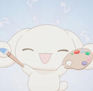 A happy Cinnamoroll holding a paint brush and paint pallet!